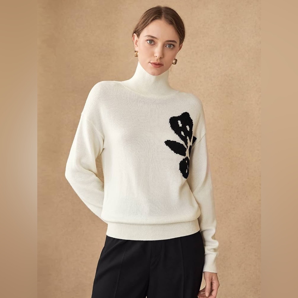 Women's Sweater Wool-Mix Floral HIGH-Neck Sweater